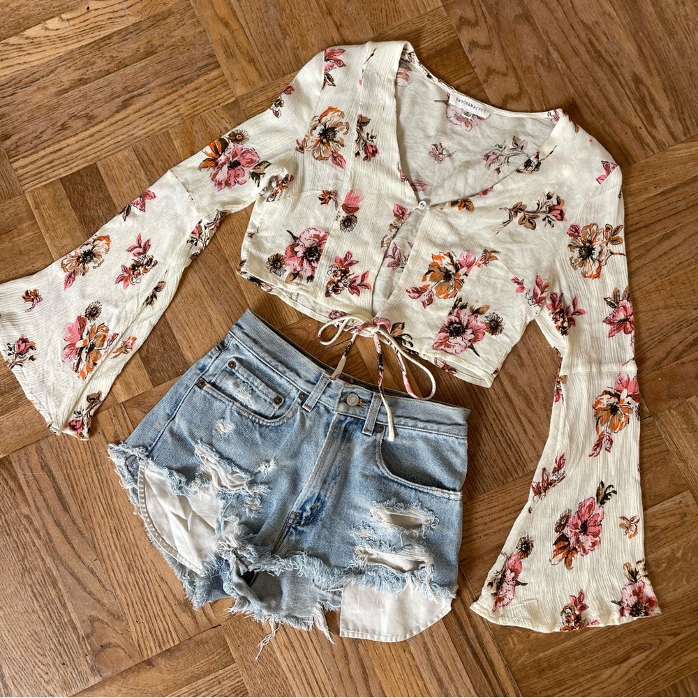 Dance & Marvel Red Bell Sleeve Crop Blouse